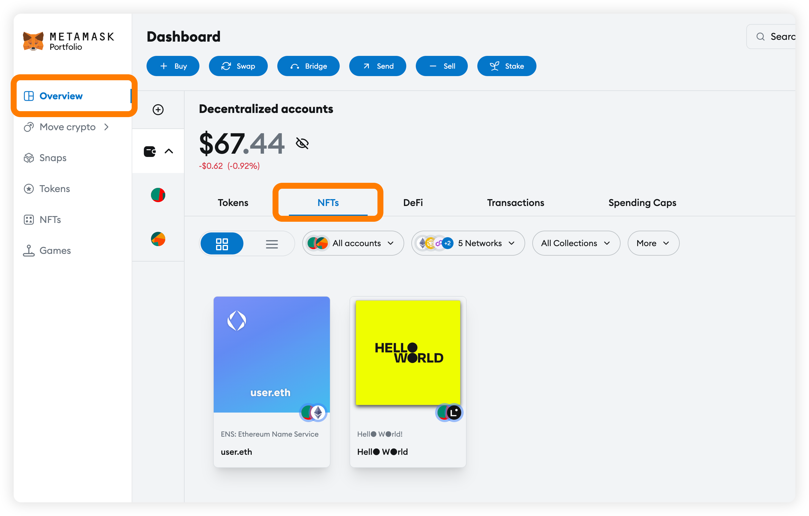 MetaMask Portfolio NFTs overview