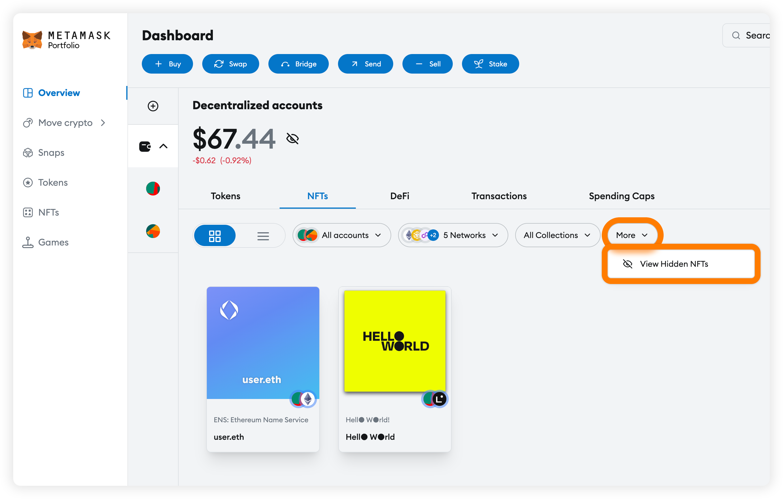 MetaMask Portfolio NFT tab view hidden NFTs