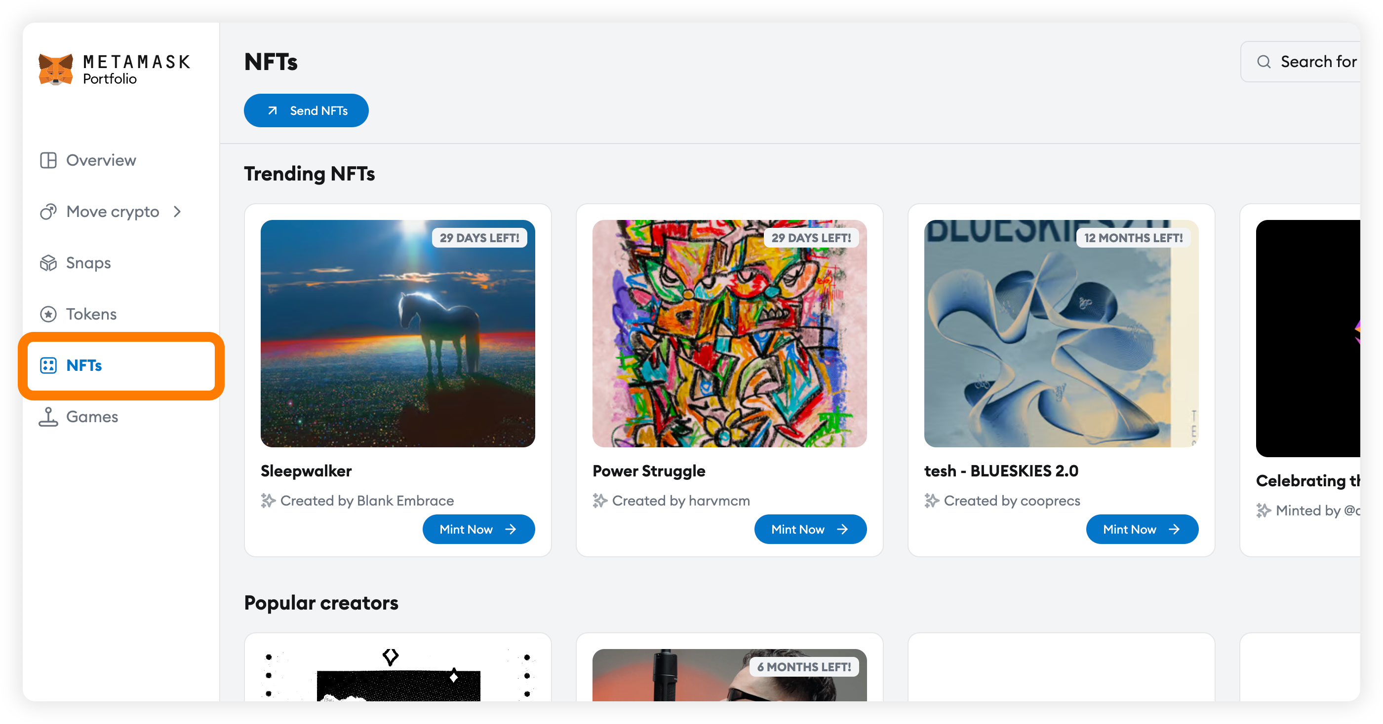 MetaMask Portfolio trending NFTs